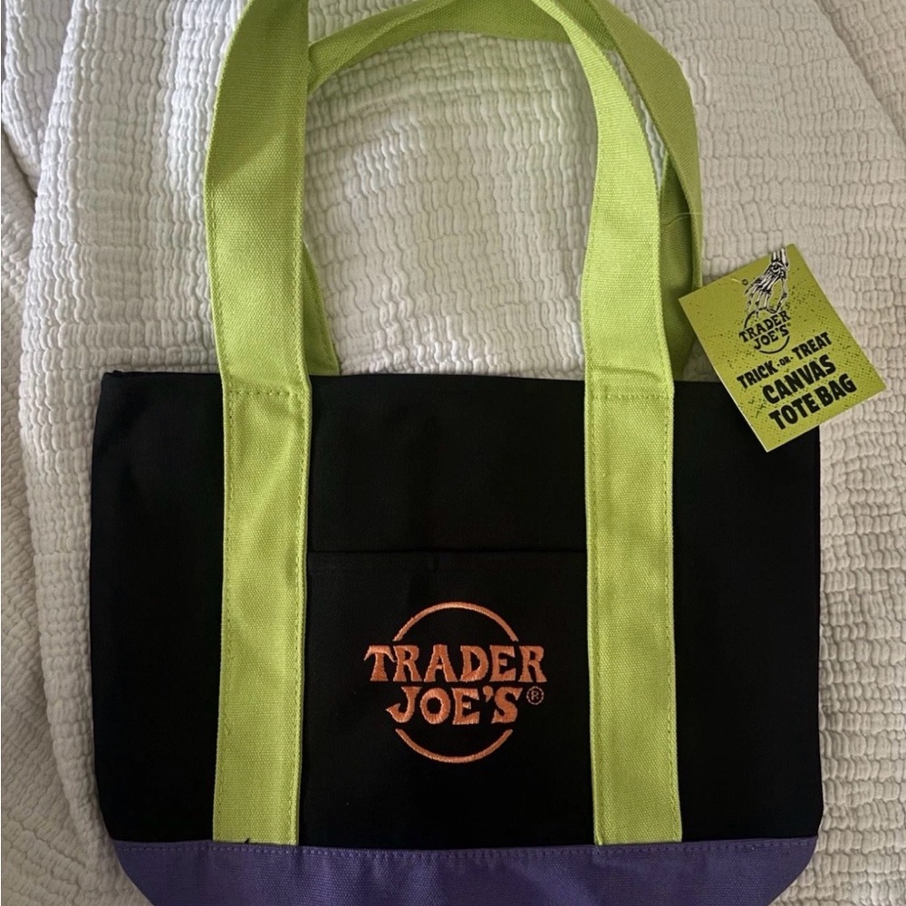 Trader Joe's Black and Purple Canvas Tote Bag